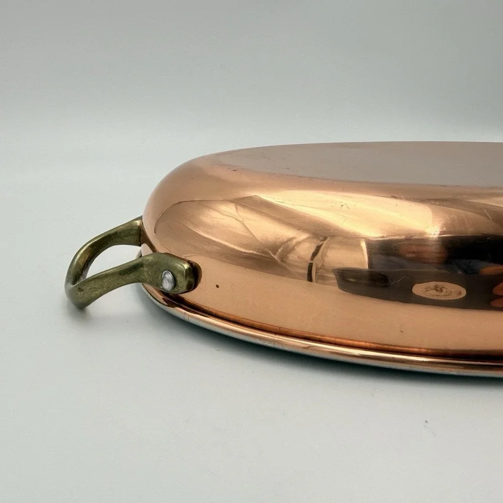 Vtg Copper Gratin Tin Lined Oval Pan Dish Cookware Brass Handles Wall Hanging